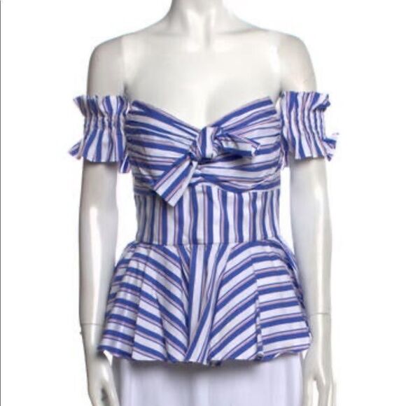 Caroline Constas Striped Off The Shoulder Blouse White Blue Cotton Size Medium - Picture 1 of 4